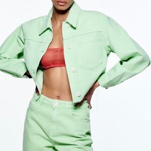 Zara • Cropped Denim Jacket Raw Hem • Mint Green • Size Medium
